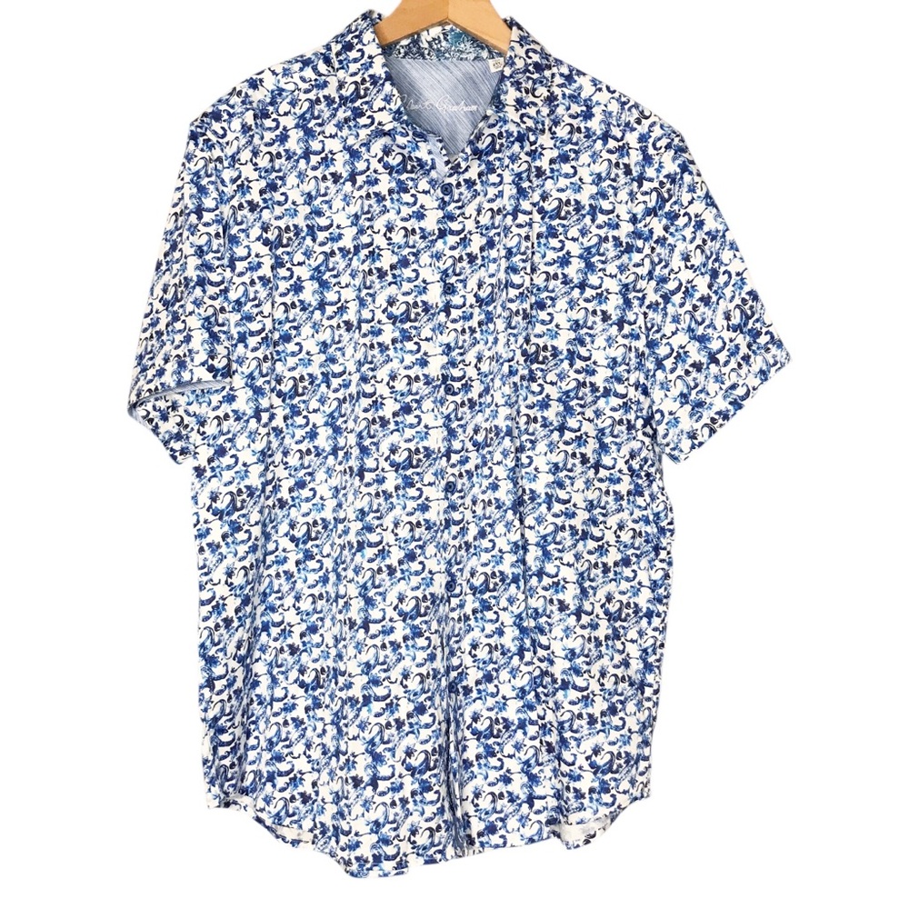 Robert Graham Floral Paisley Short Sleeve Button Up Shirt Cotton Stretch 2XL